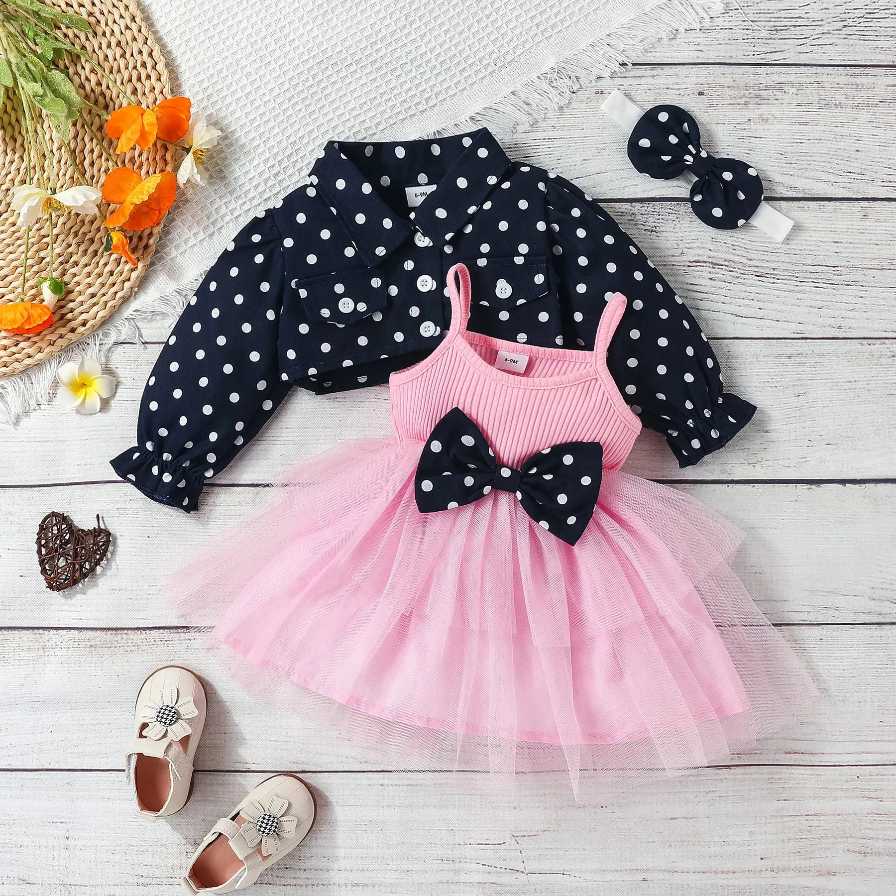 Party Dress 3-Piece Set Cotton Jacket, Mesh Cami & Headband