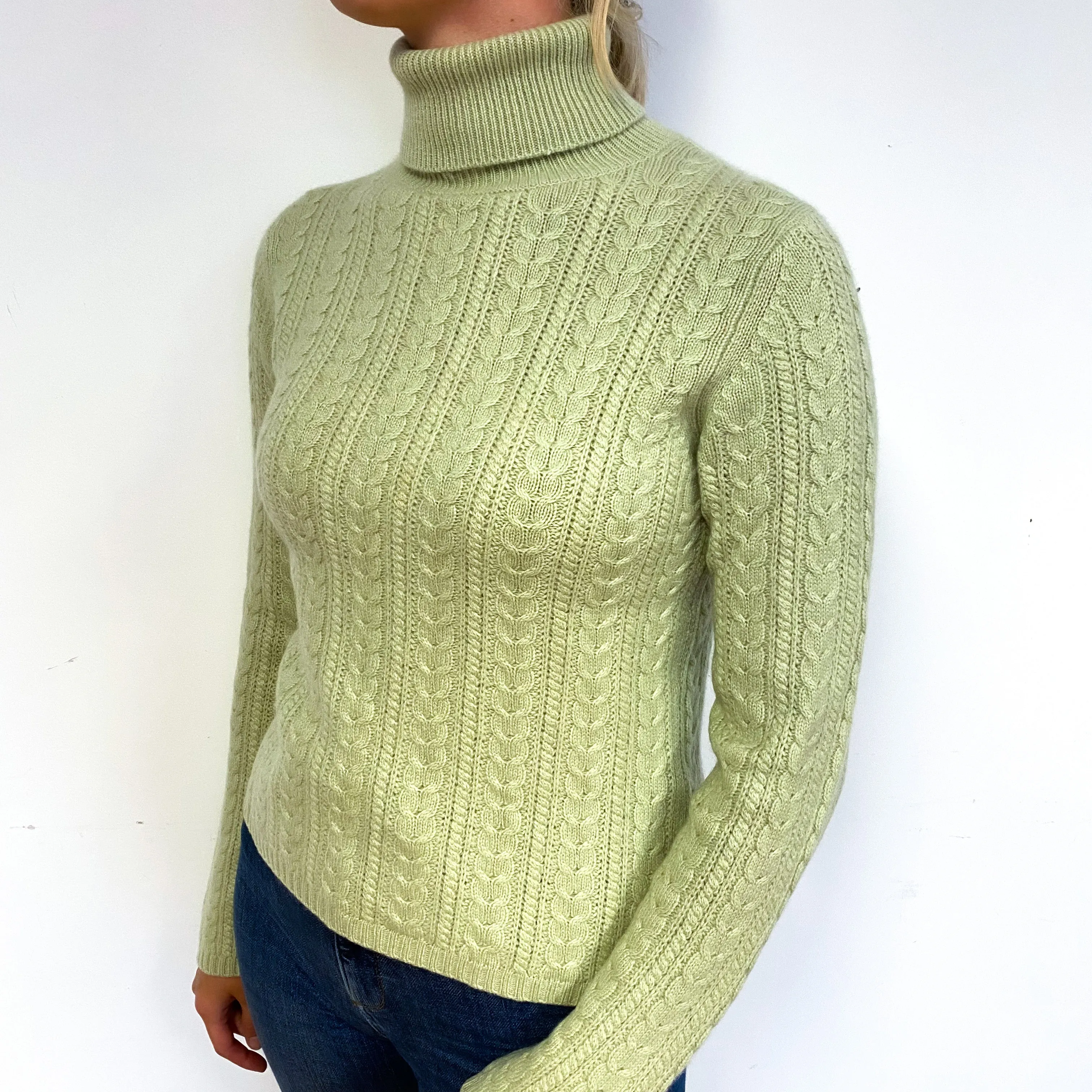 Pistachio Green Cable Cashmere Polo Neck Jumper Small