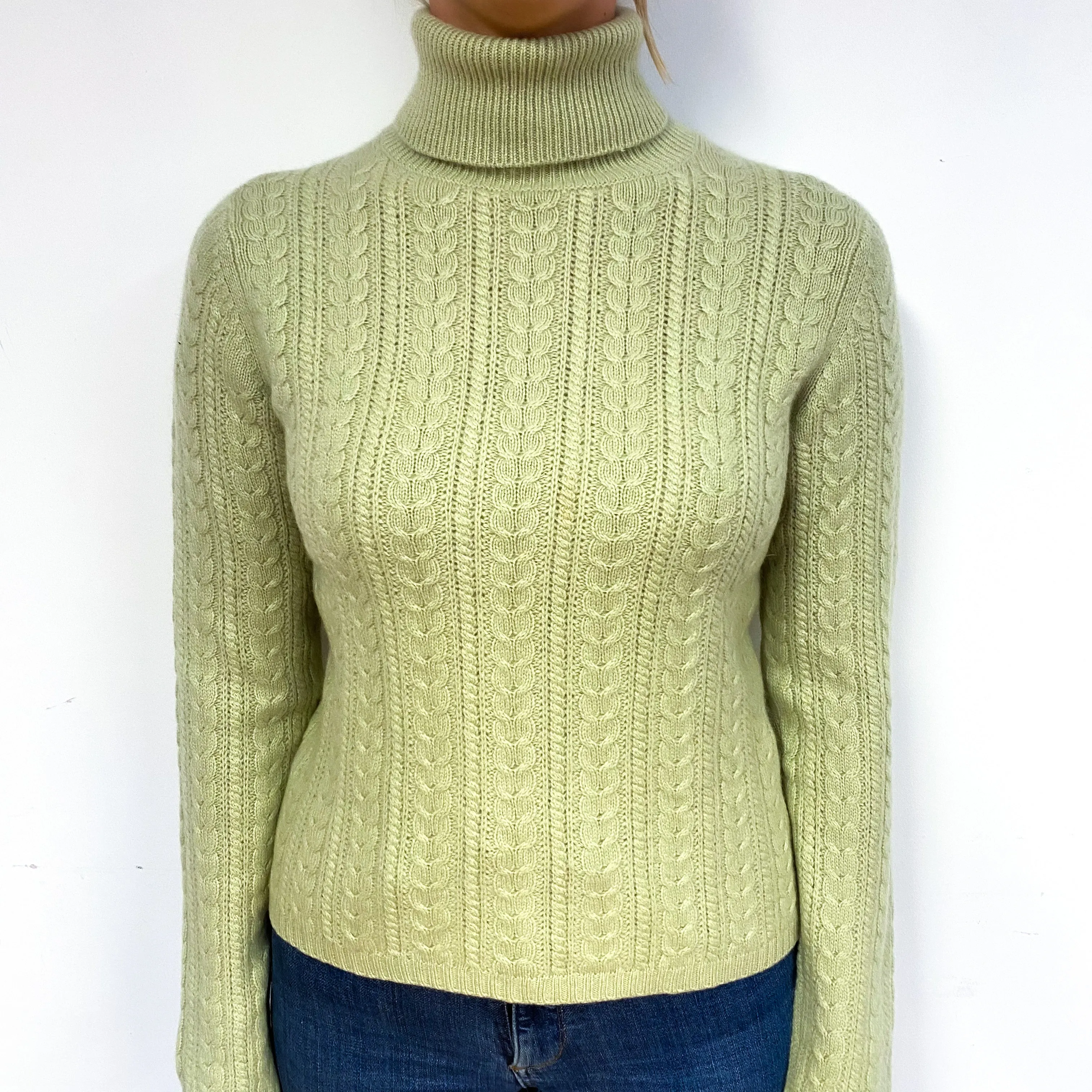 Pistachio Green Cable Cashmere Polo Neck Jumper Small