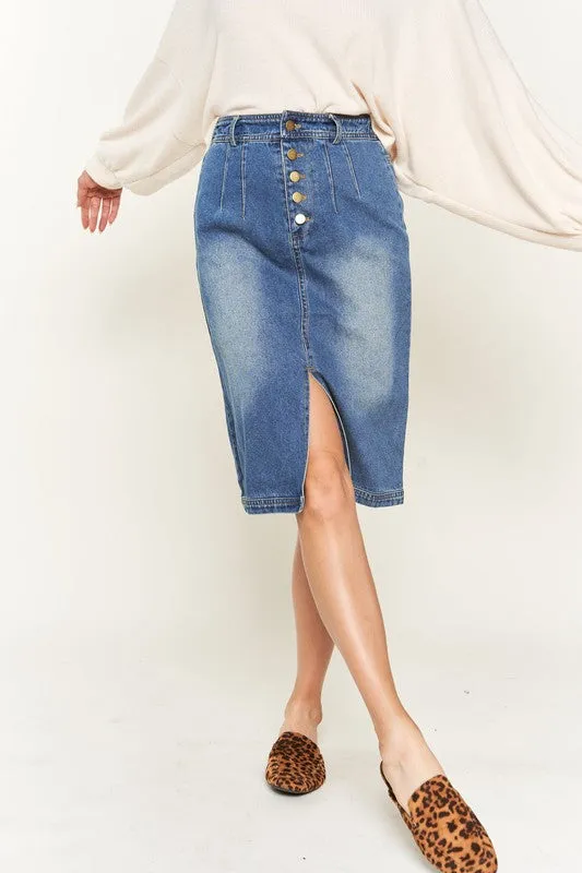 Pleated Denim Knee Length Skirt