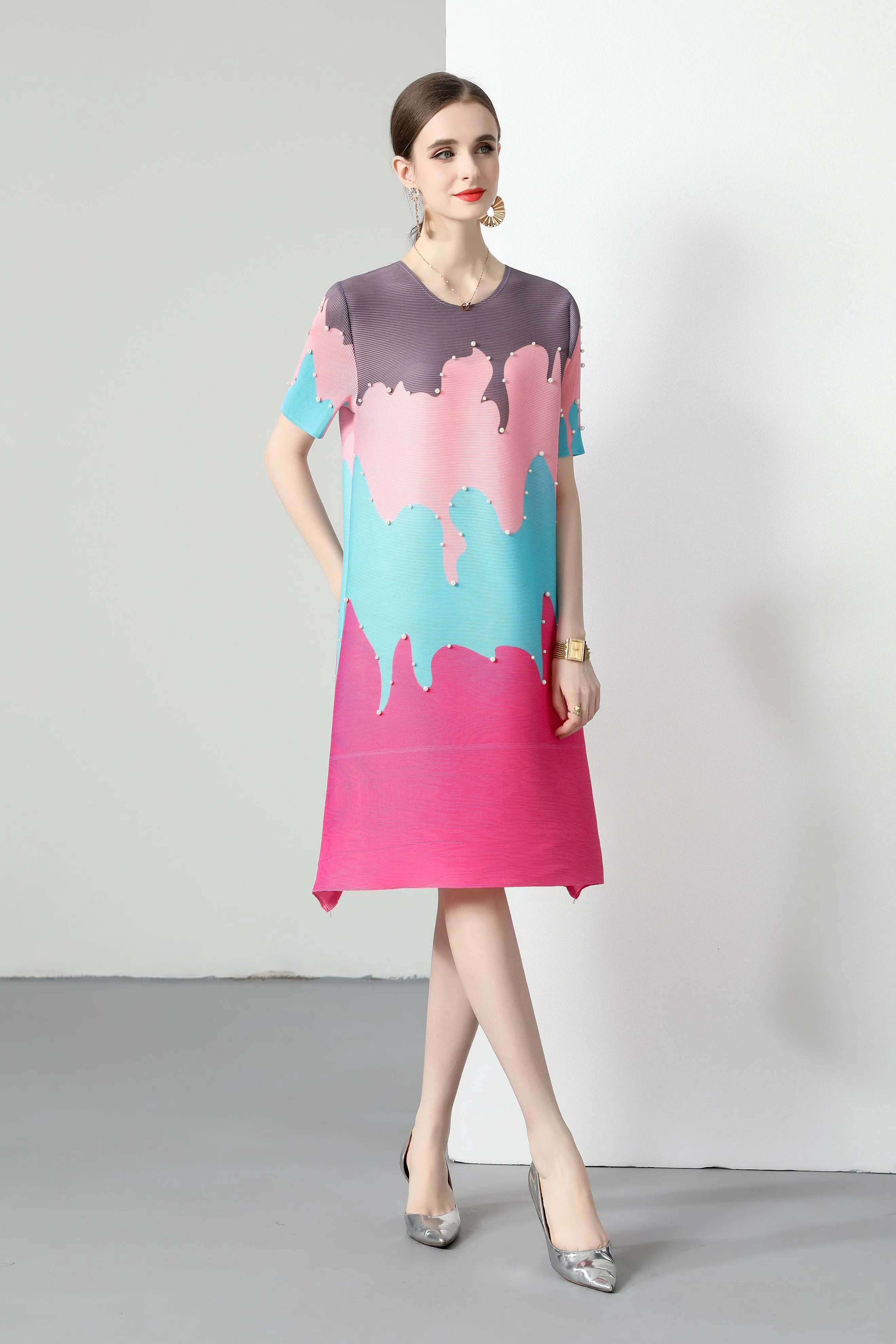 Pleats big Elastic print Loose cute Midi Dress