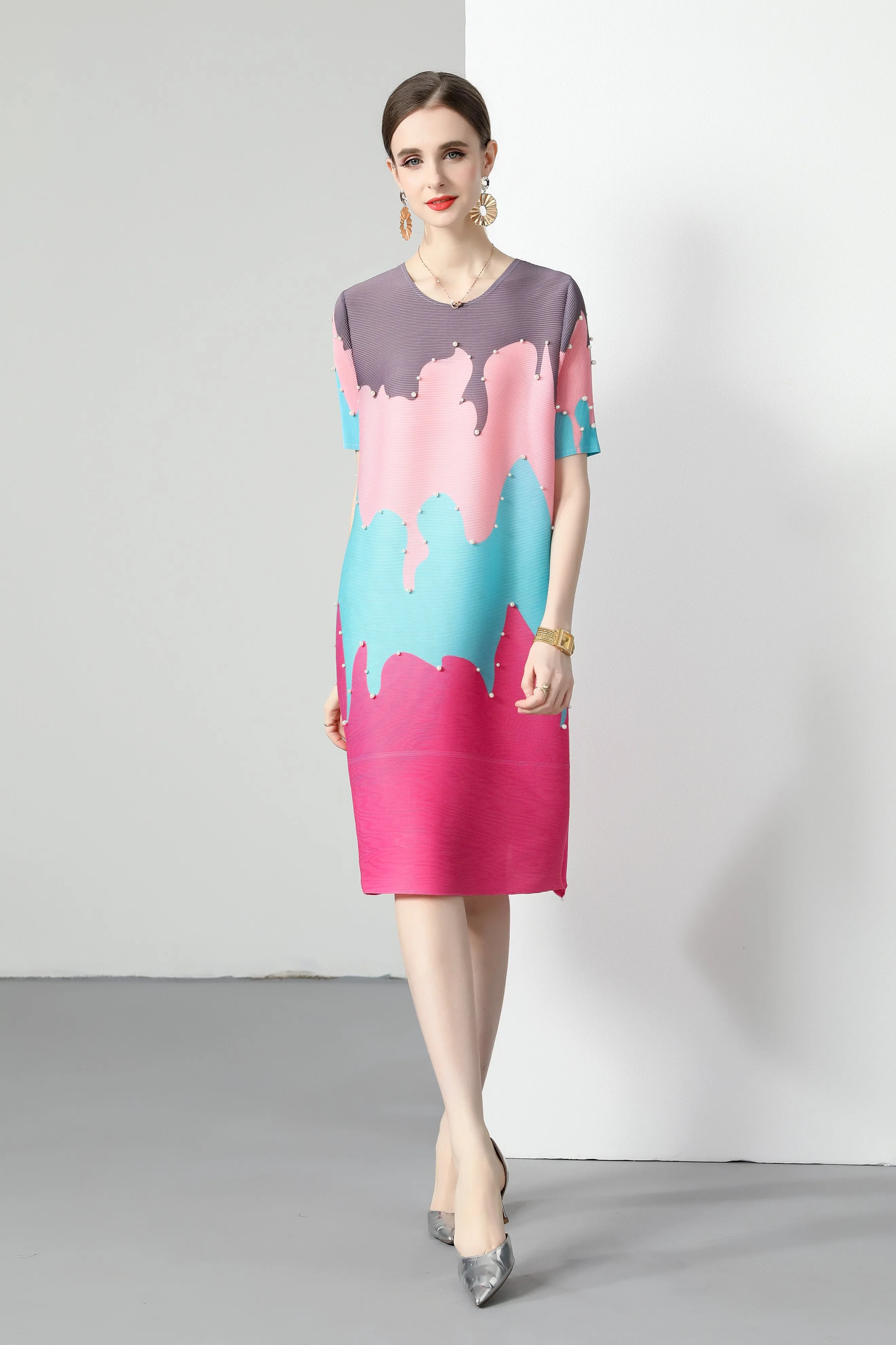 Pleats big Elastic print Loose cute Midi Dress