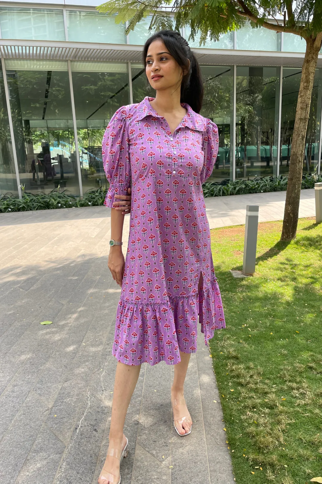 Rayna - Lavender Block Printed Midi Shirt Dress With Front Side Slit