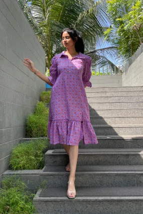 Rayna - Lavender Block Printed Midi Shirt Dress With Front Side Slit