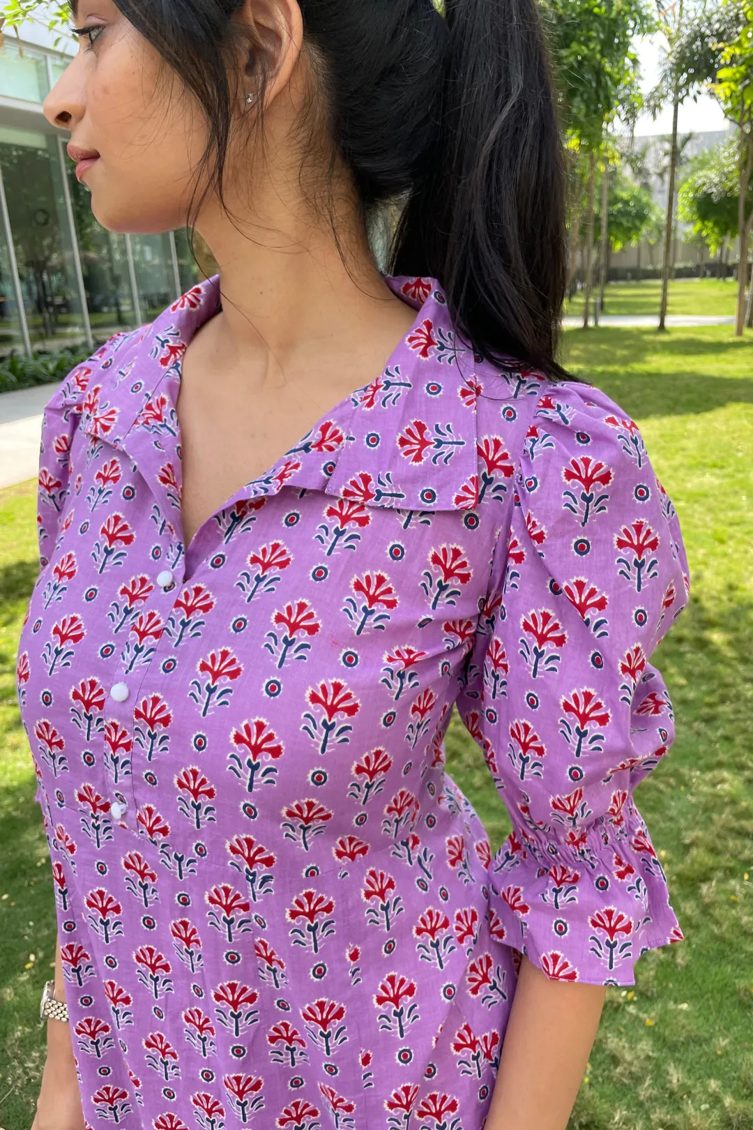 Rayna - Lavender Block Printed Midi Shirt Dress With Front Side Slit