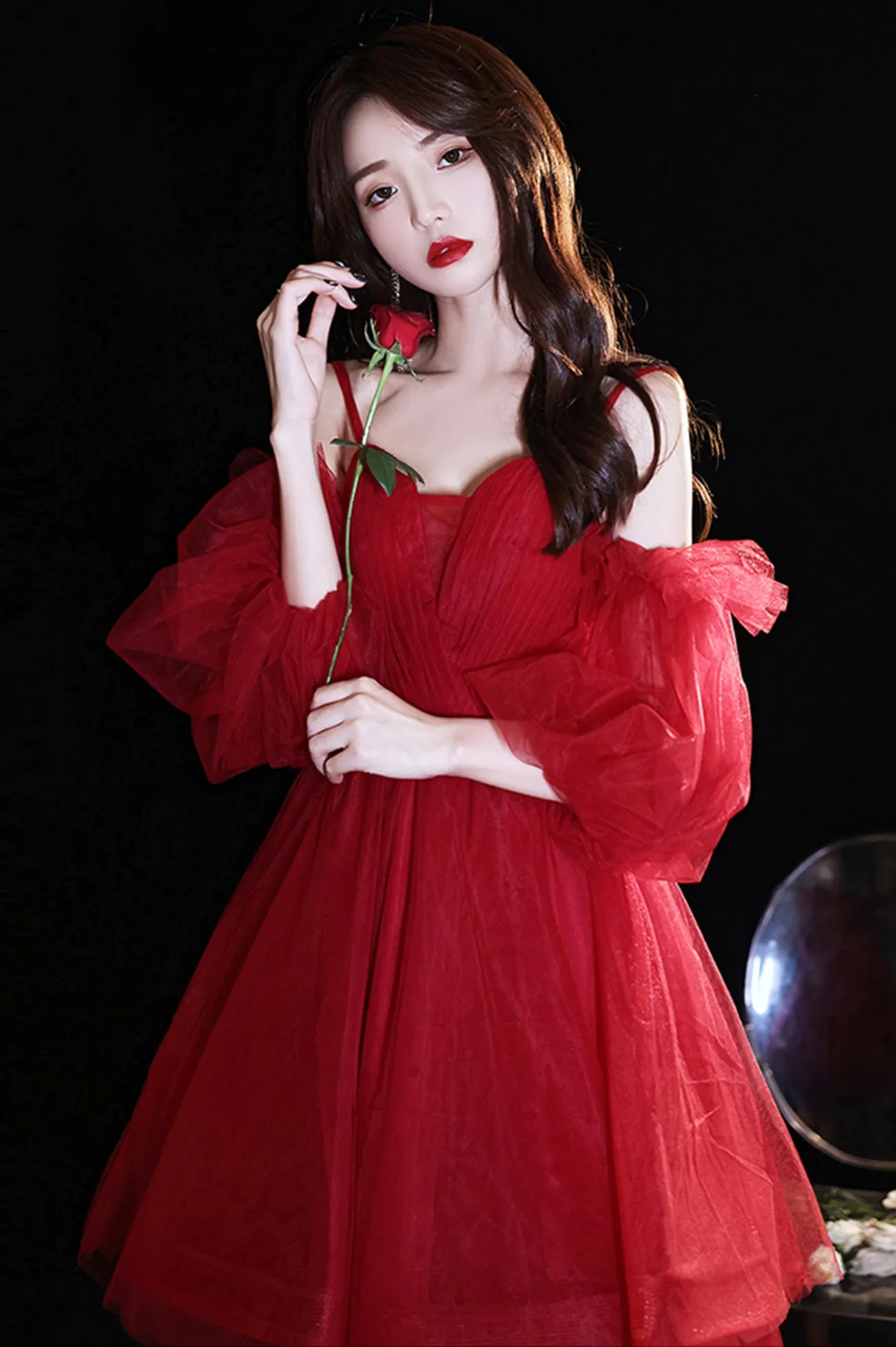 Red Tulle Short Prom Dress, A-Line Puff Sleeve Evening Party Dress