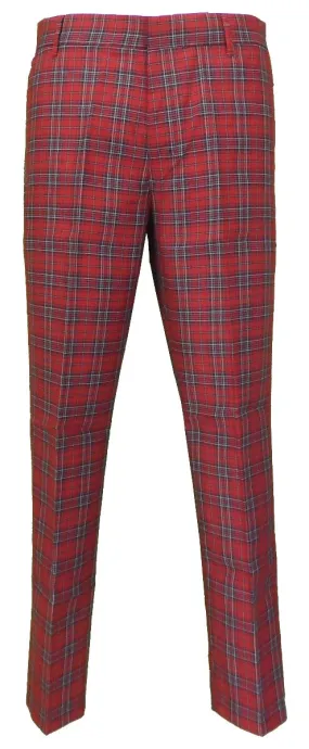 Run & Fly Mens 60s Vintage Retro Mod Checked Red Tartan Skinny Fit Trousers