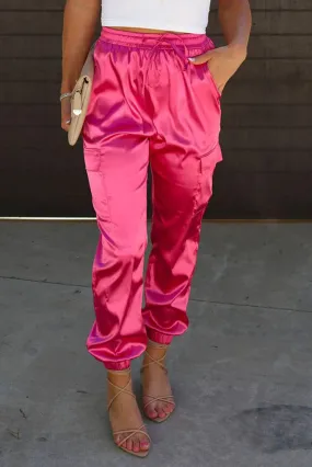 Satin Pocketed Drawstring Elastic Waist Pants