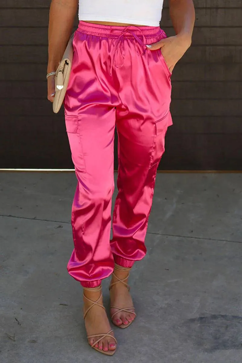 Satin Pocketed Drawstring Elastic Waist Pants