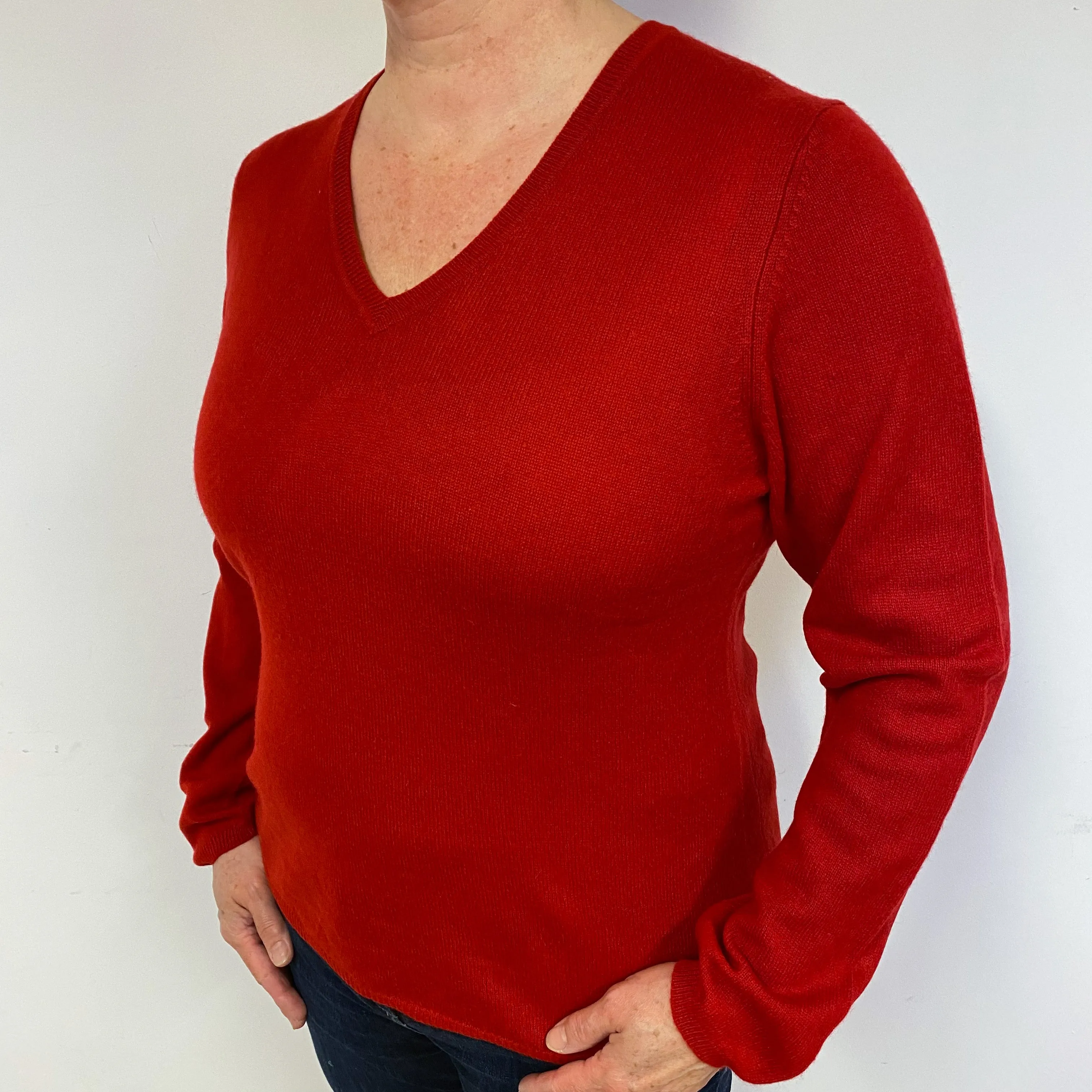 Scarlet Red Cashmere V-Neck Jumper Large.