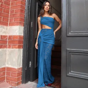 Sexy Mid Waist Cutout One Shoulder Lace Strap Formal Dress