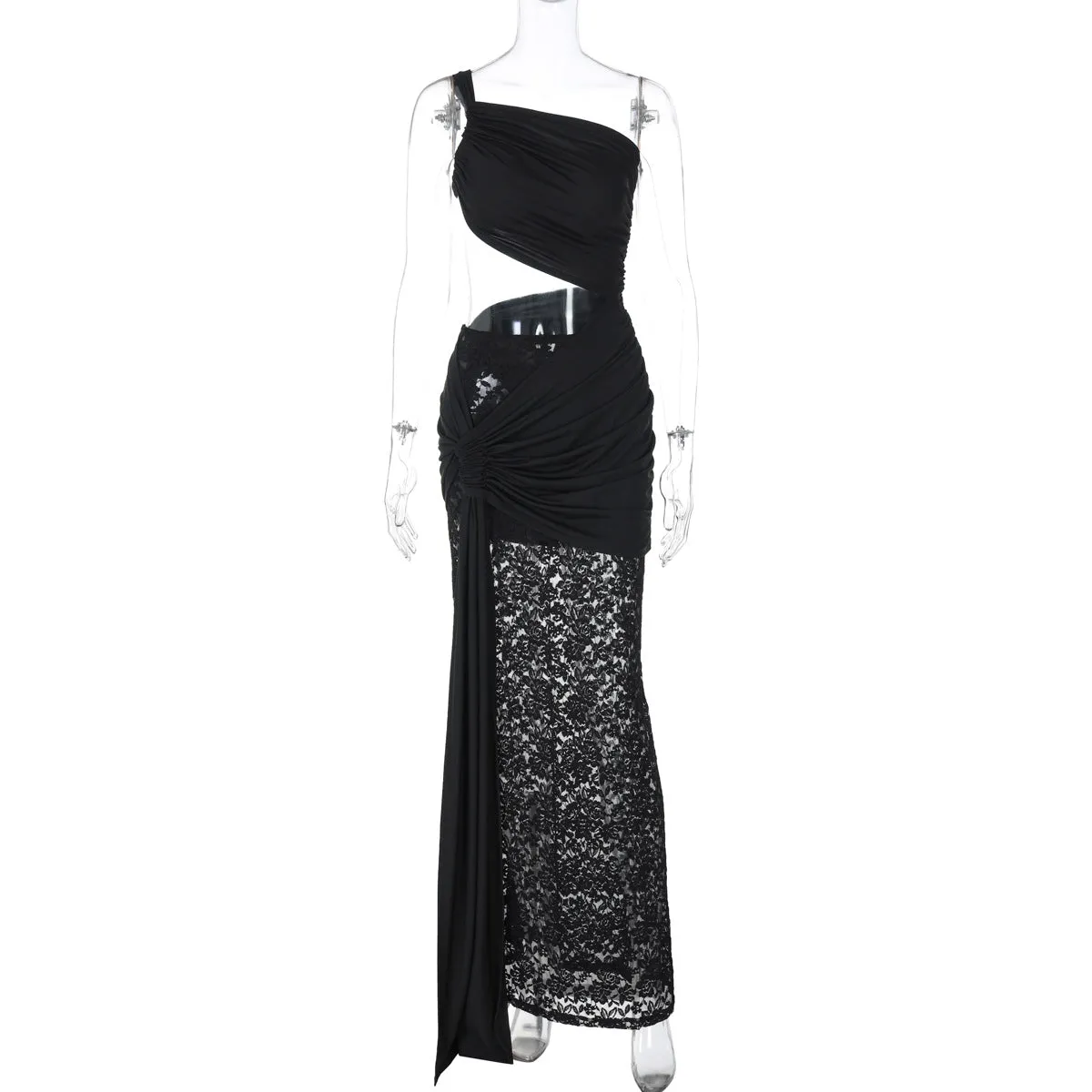 Sexy Mid Waist Cutout One Shoulder Lace Strap Formal Dress