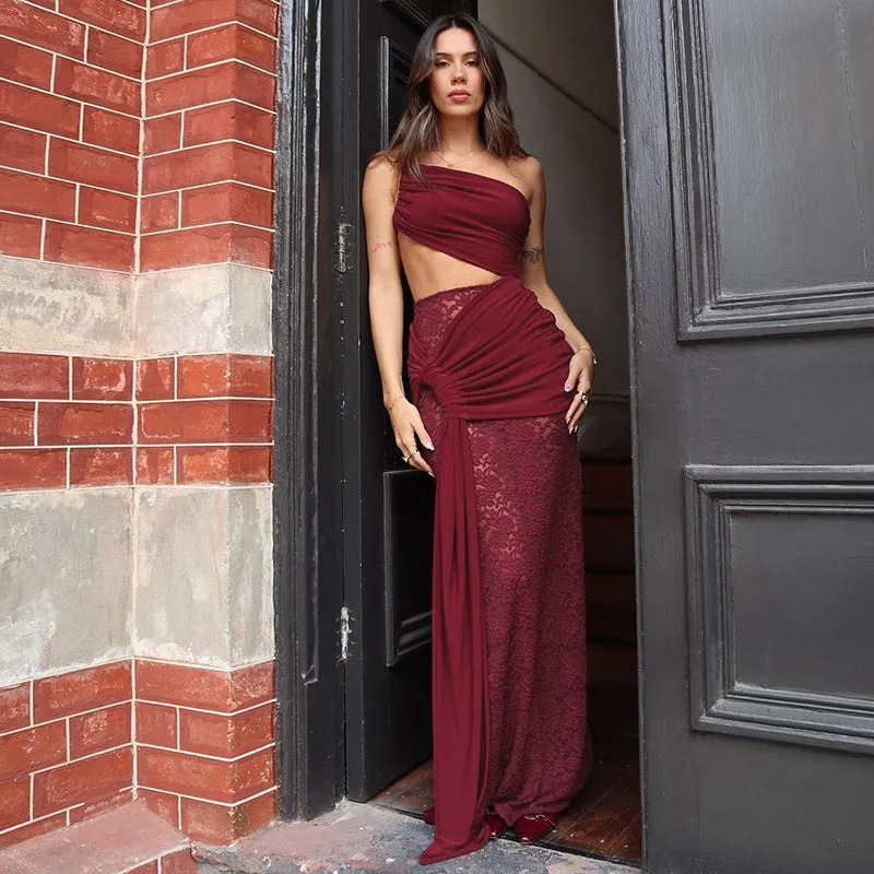 Sexy Mid Waist Cutout One Shoulder Lace Strap Formal Dress
