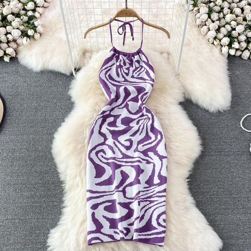 Summer Sexy Halter Backless Sleeveless Bodycon Mini Knit Dress