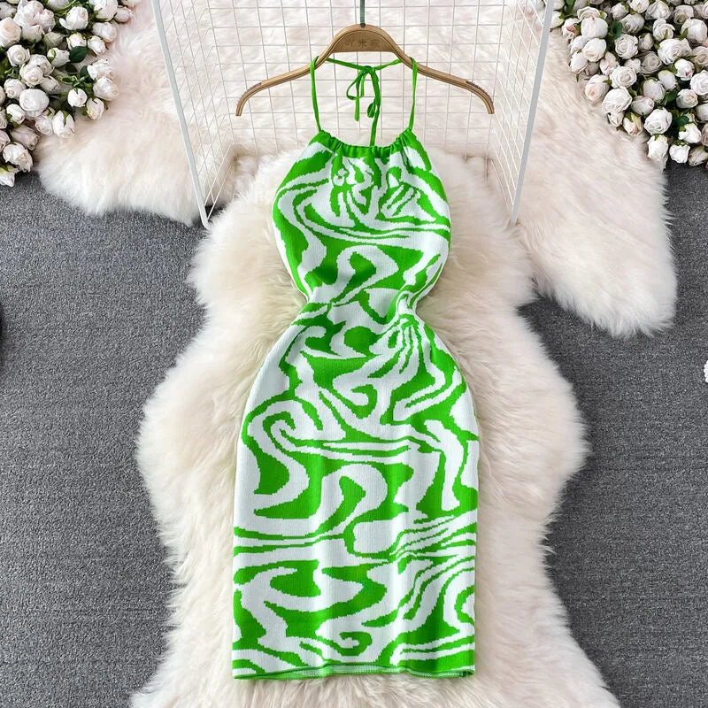 Summer Sexy Halter Backless Sleeveless Bodycon Mini Knit Dress
