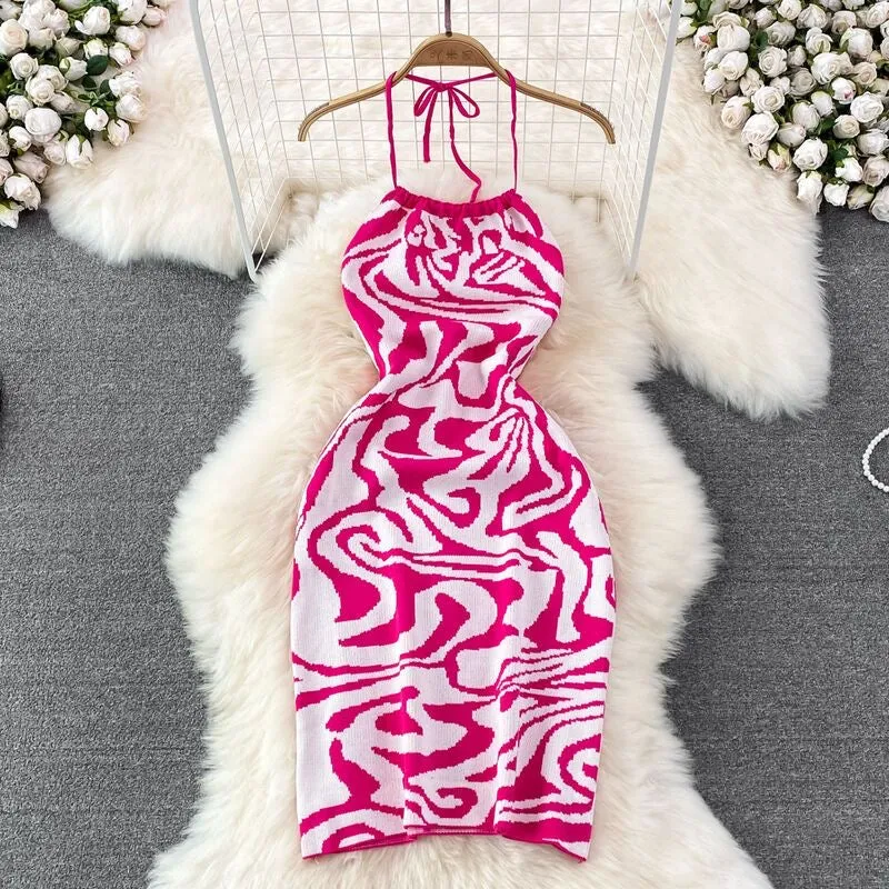Summer Sexy Halter Backless Sleeveless Bodycon Mini Knit Dress