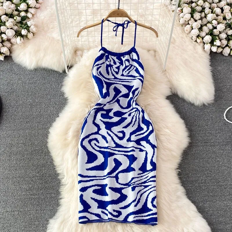 Summer Sexy Halter Backless Sleeveless Bodycon Mini Knit Dress