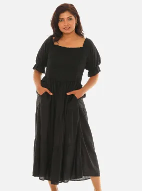 Tiered Sqaure Neck Midi Short Sleeves Dress