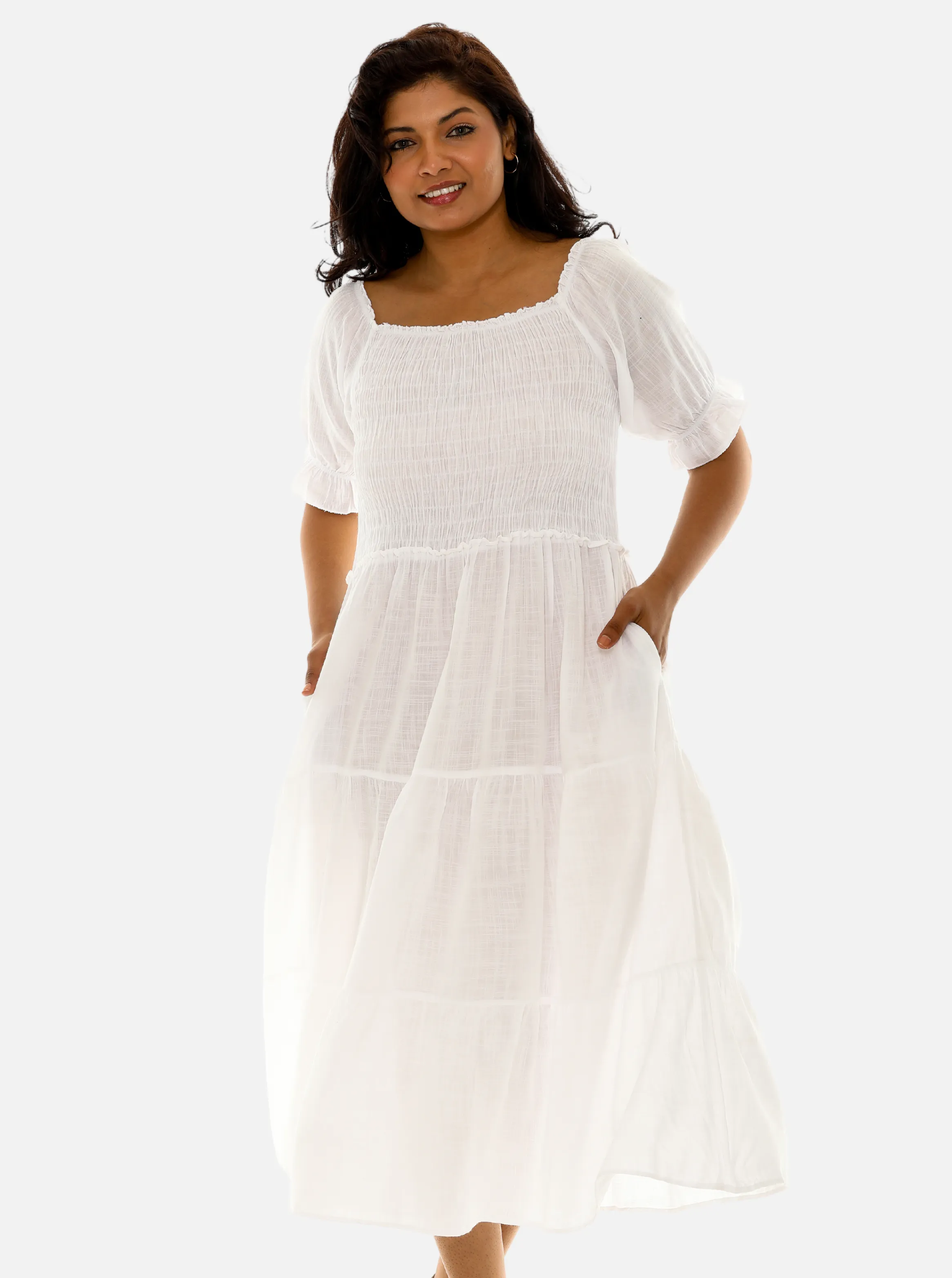 Tiered Sqaure Neck Midi Short Sleeves Dress
