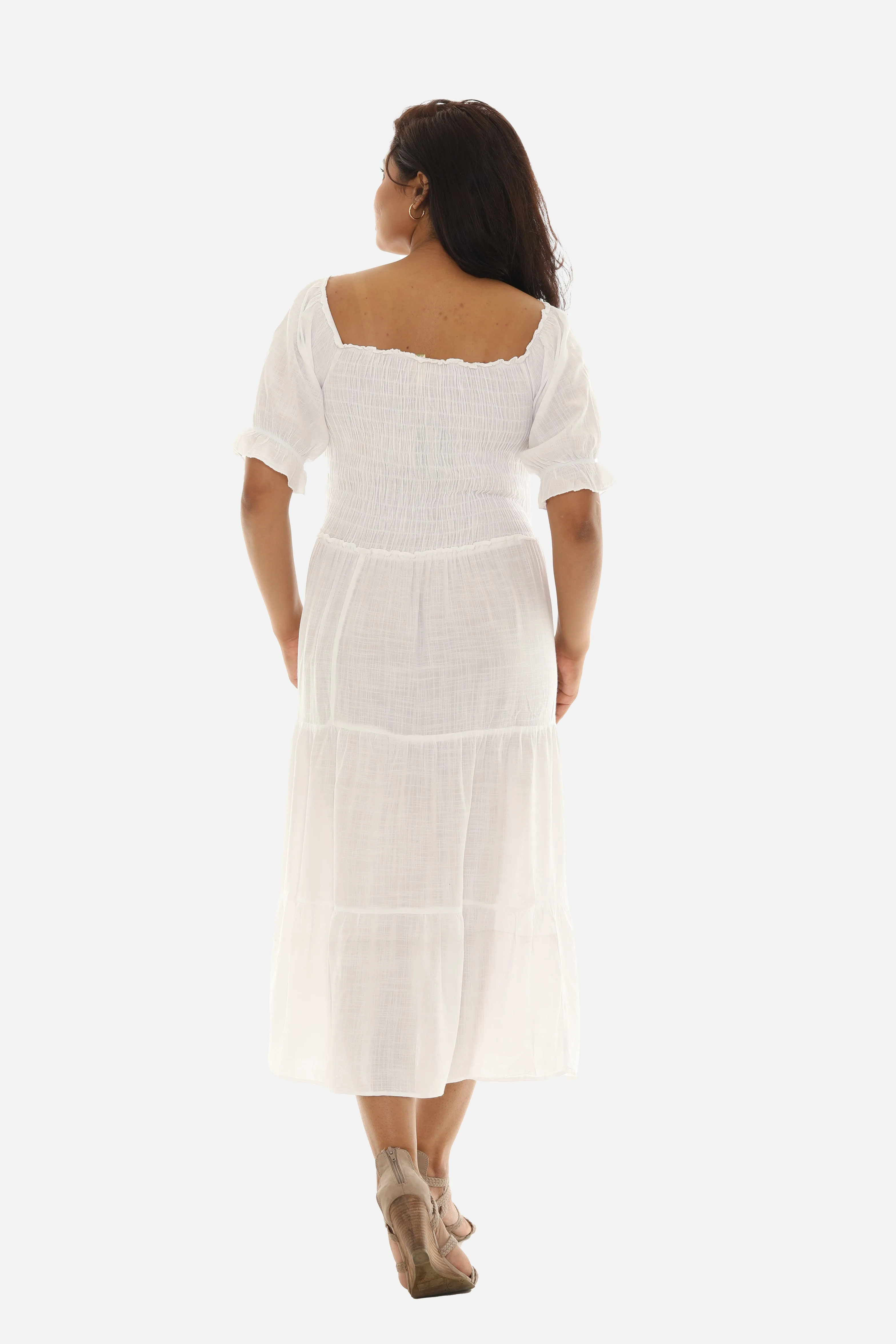 Tiered Sqaure Neck Midi Short Sleeves Dress