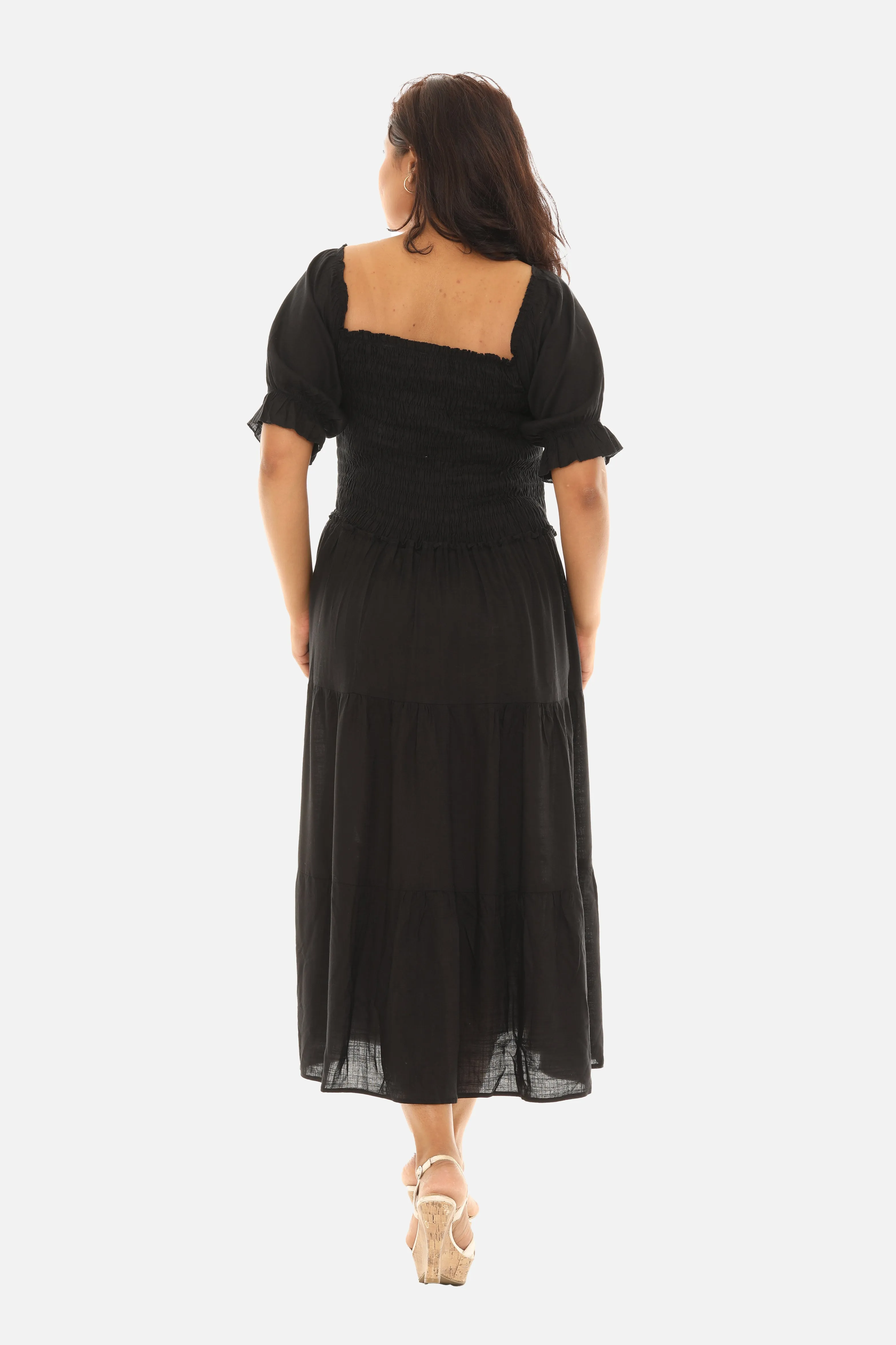 Tiered Sqaure Neck Midi Short Sleeves Dress
