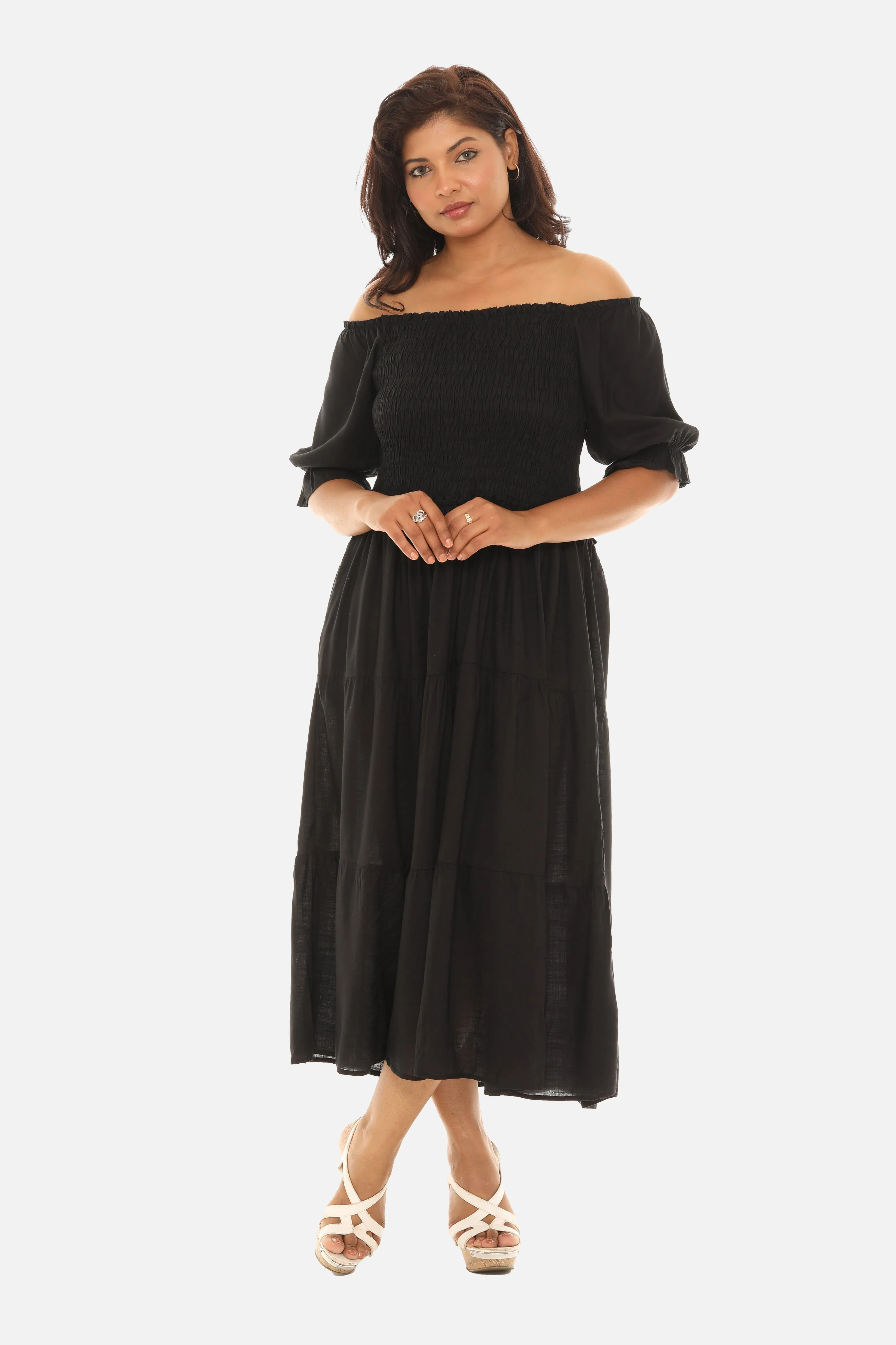 Tiered Sqaure Neck Midi Short Sleeves Dress