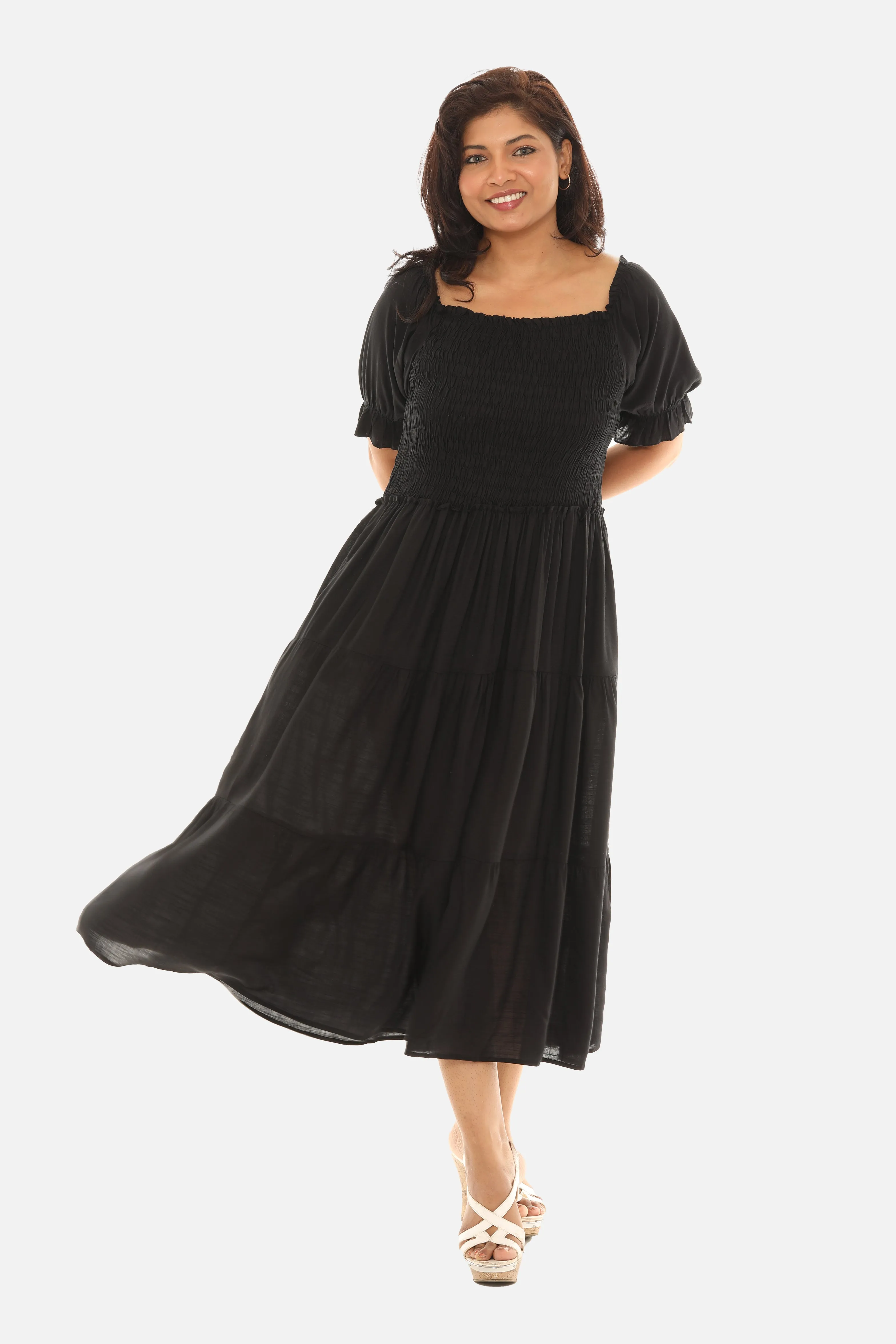 Tiered Sqaure Neck Midi Short Sleeves Dress