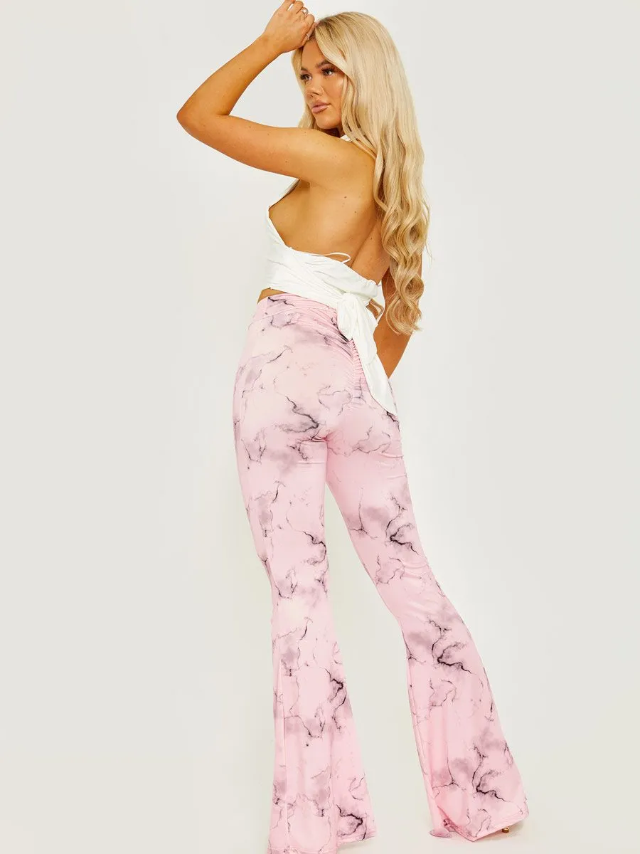 Villy Tie-Dye Scrunch Back Flared Slinky Trousers In Pink