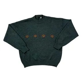 Vintage 90's Grandad Patterned Dark Green Knit Crewneck Sweater Jumper