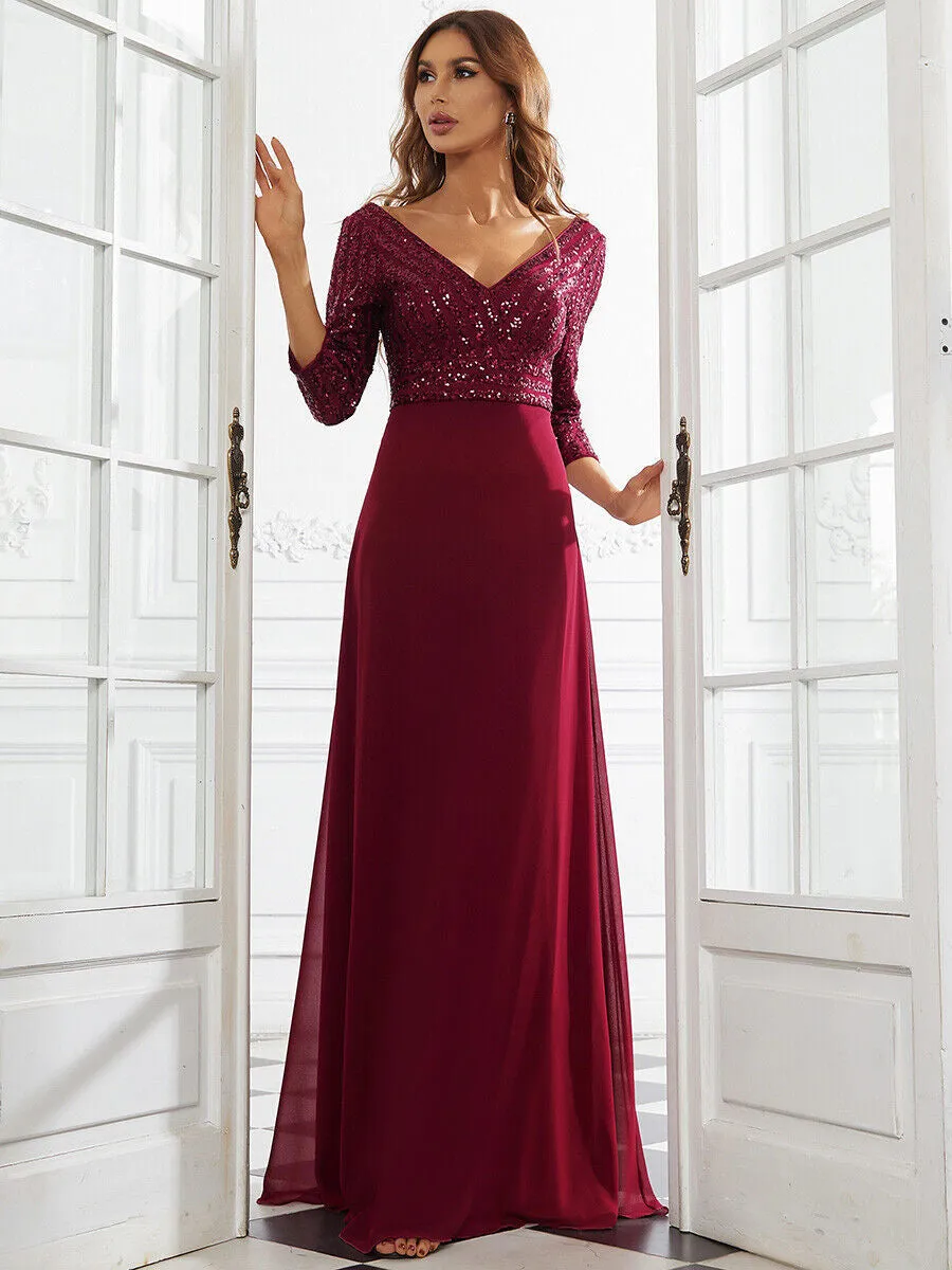 Women Chiffon Double V Neck Sequin Evening Dress