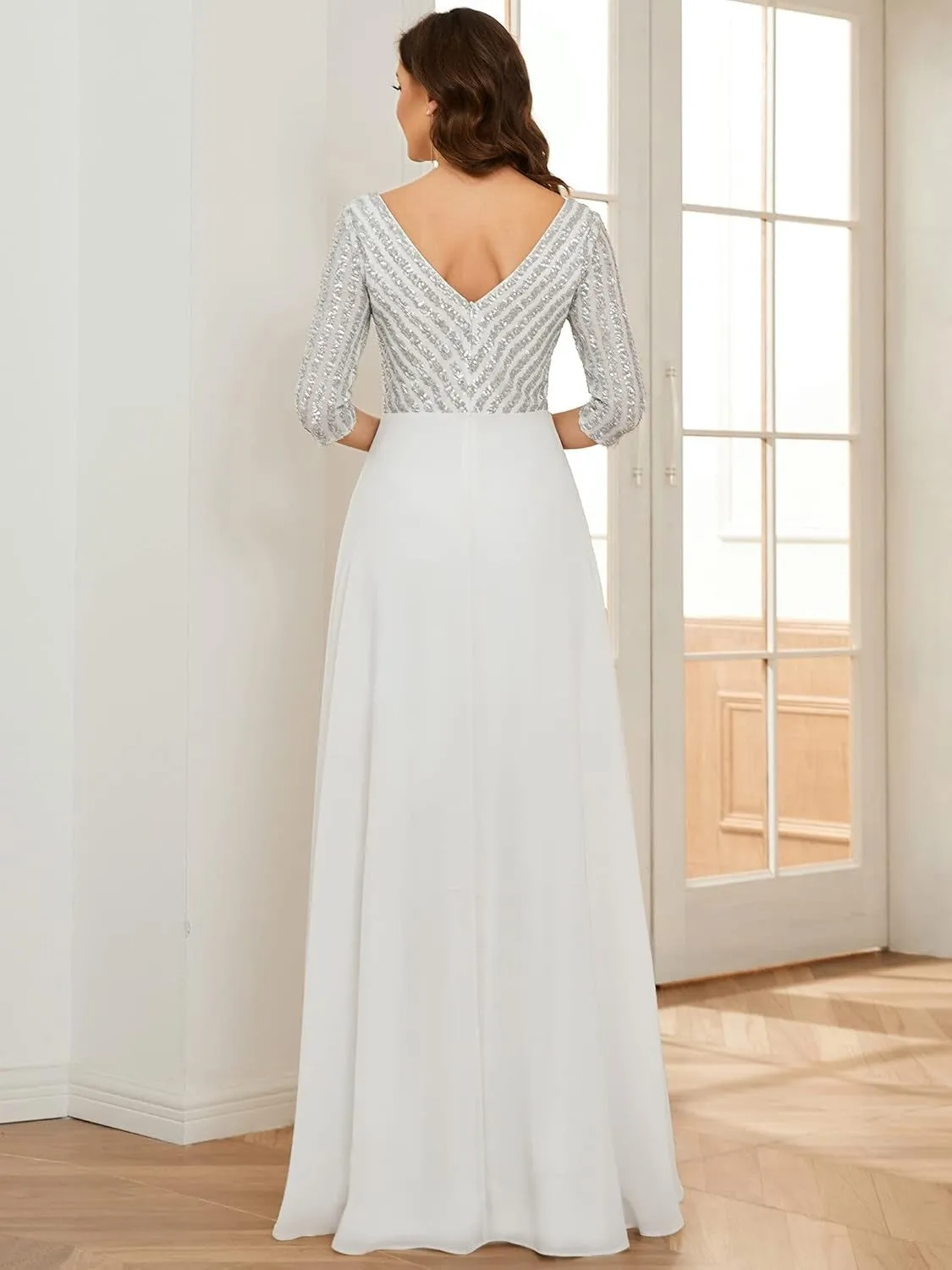 Women Chiffon Double V Neck Sequin Evening Dress