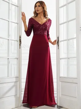Women Chiffon Double V Neck Sequin Evening Dress