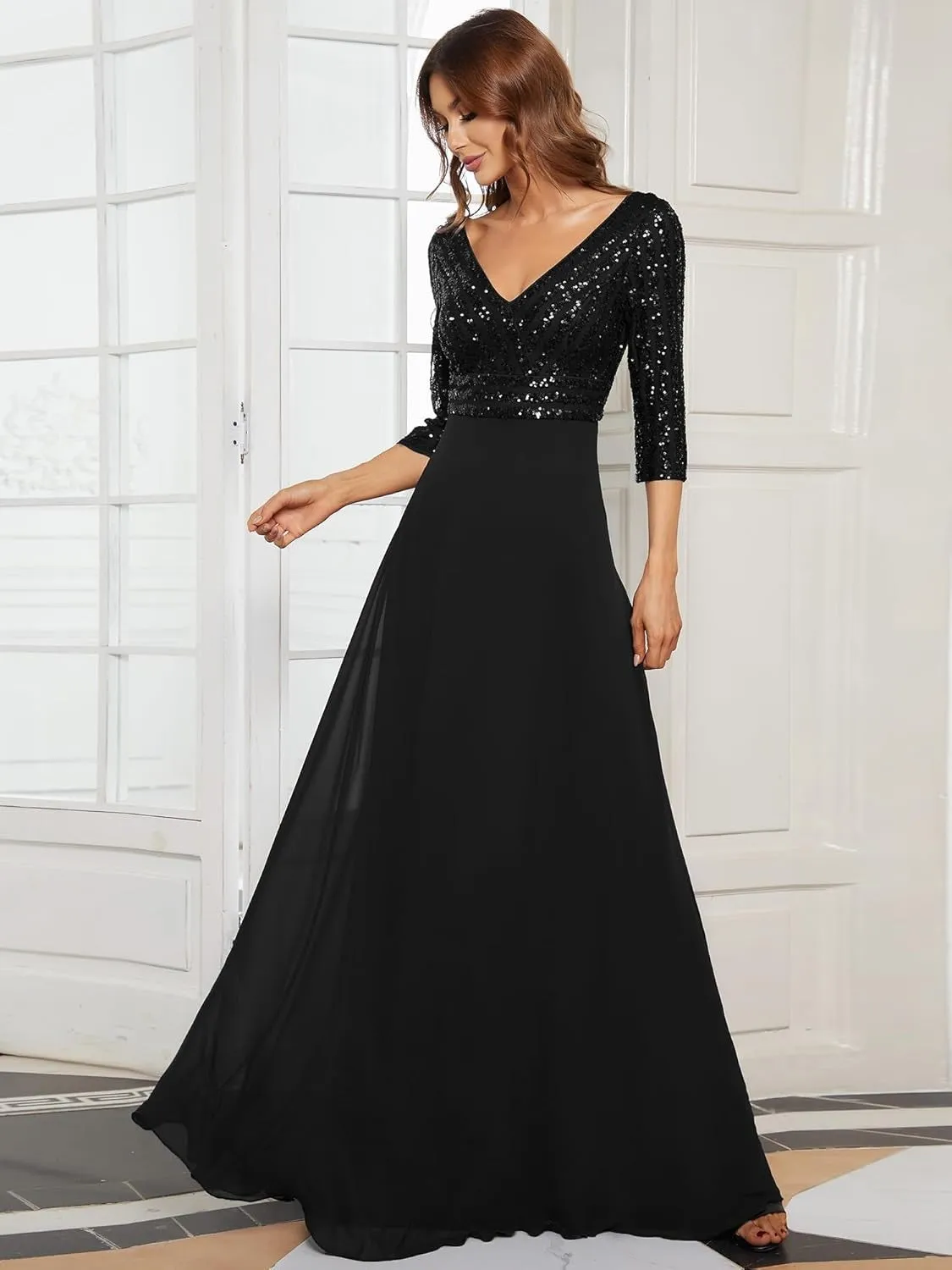 Women Chiffon Double V Neck Sequin Evening Dress