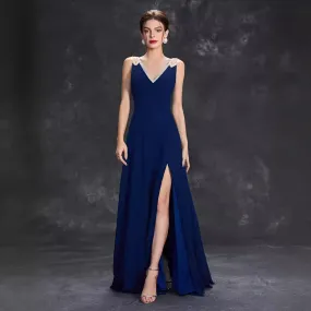 Women Deep V Plunge Neck Sleeveless Split Evening Dress