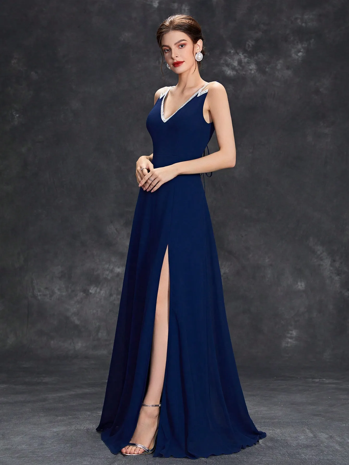 Women Deep V Plunge Neck Sleeveless Split Evening Dress