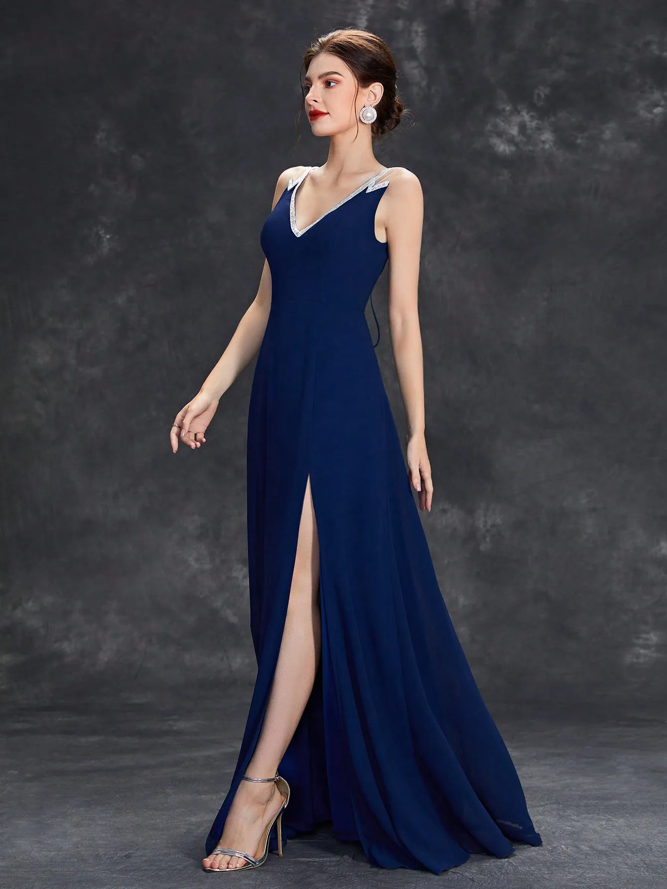 Women Deep V Plunge Neck Sleeveless Split Evening Dress
