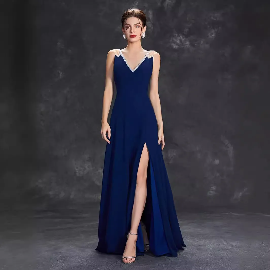 Women Deep V Plunge Neck Sleeveless Split Evening Dress