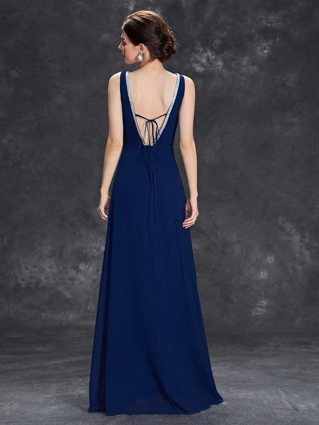 Women Deep V Plunge Neck Sleeveless Split Evening Dress