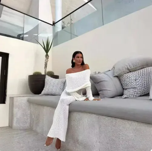 Women's Sheer Knit Maxi Dress with Long Sleeves