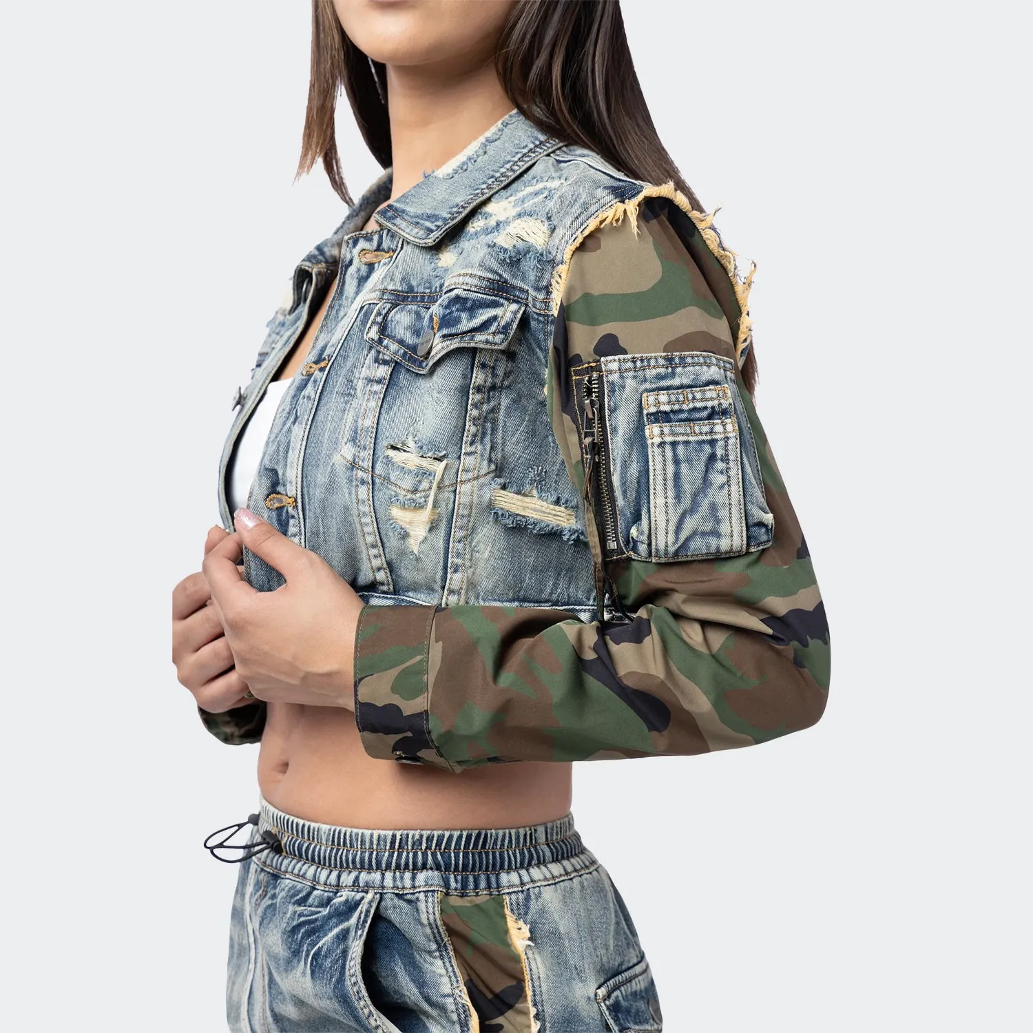 Women's Smoke Rise Red Mixed Media Cropped Denim Jacket Florence Blue