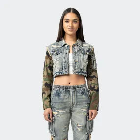 Women's Smoke Rise Red Mixed Media Cropped Denim Jacket Florence Blue