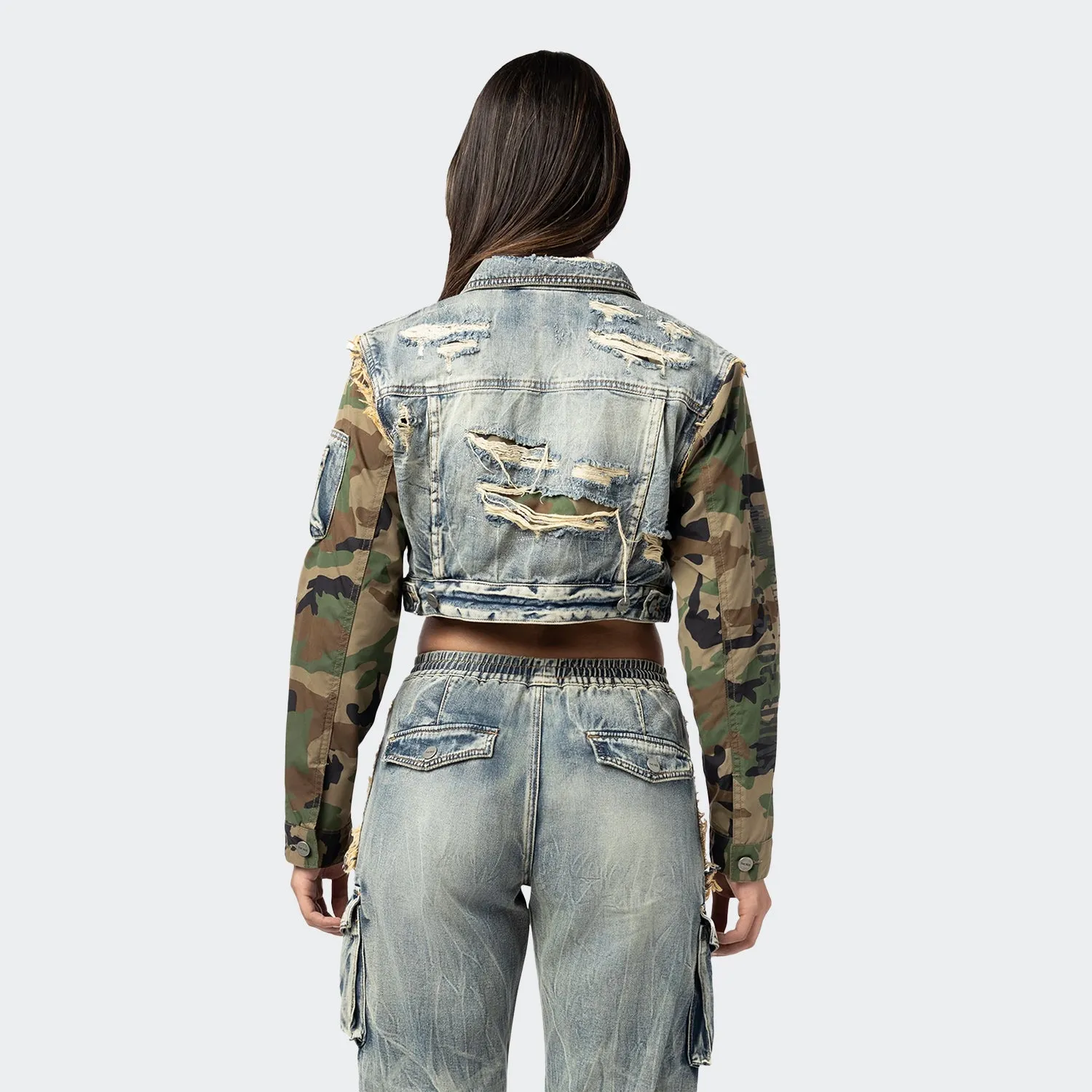 Women's Smoke Rise Red Mixed Media Cropped Denim Jacket Florence Blue