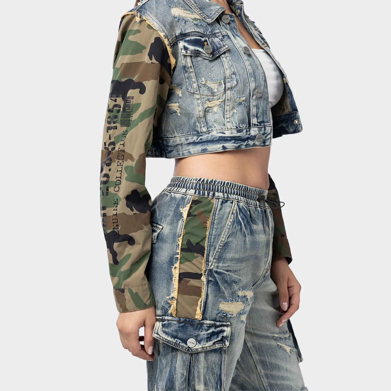 Women's Smoke Rise Red Mixed Media Cropped Denim Jacket Florence Blue