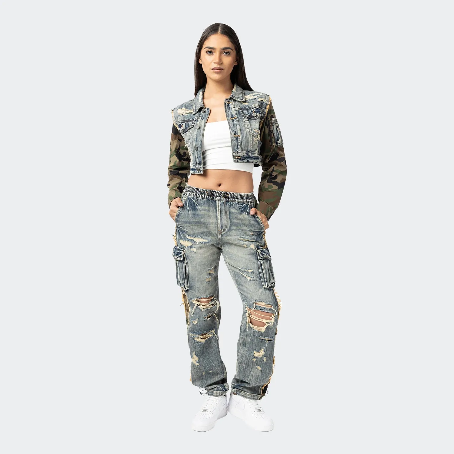 Women's Smoke Rise Red Mixed Media Cropped Denim Jacket Florence Blue