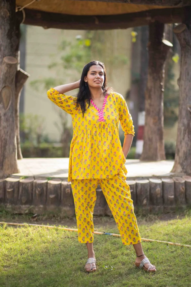 Yellow Handblock Print Two Piece Co-ord Set